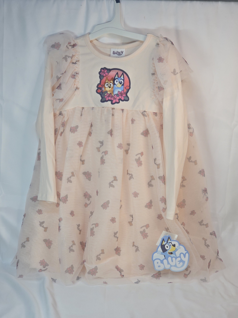 Bluey Girls' Cream Floral Tulle Long-Sleeve Dress 5T